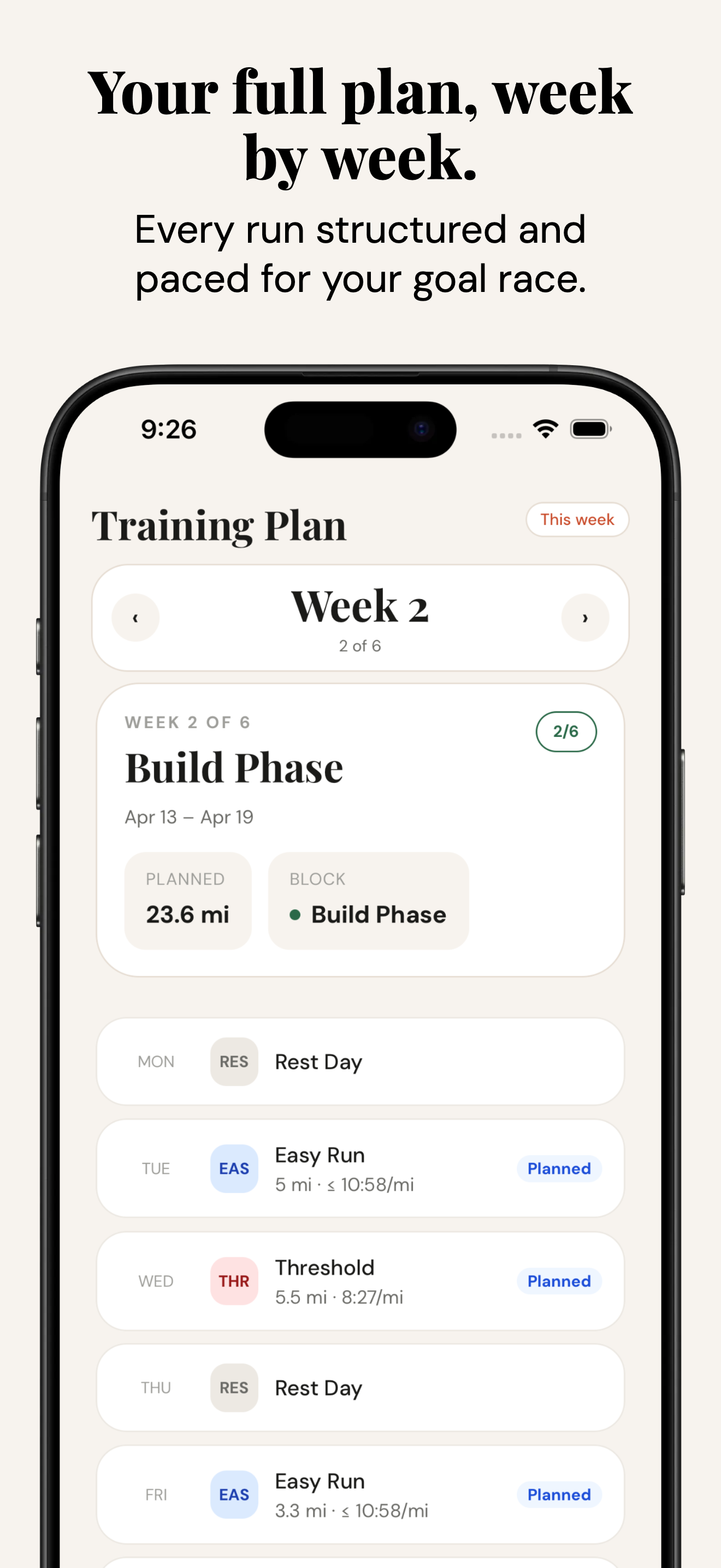 Your full plan, week by week — Paceon training plan view